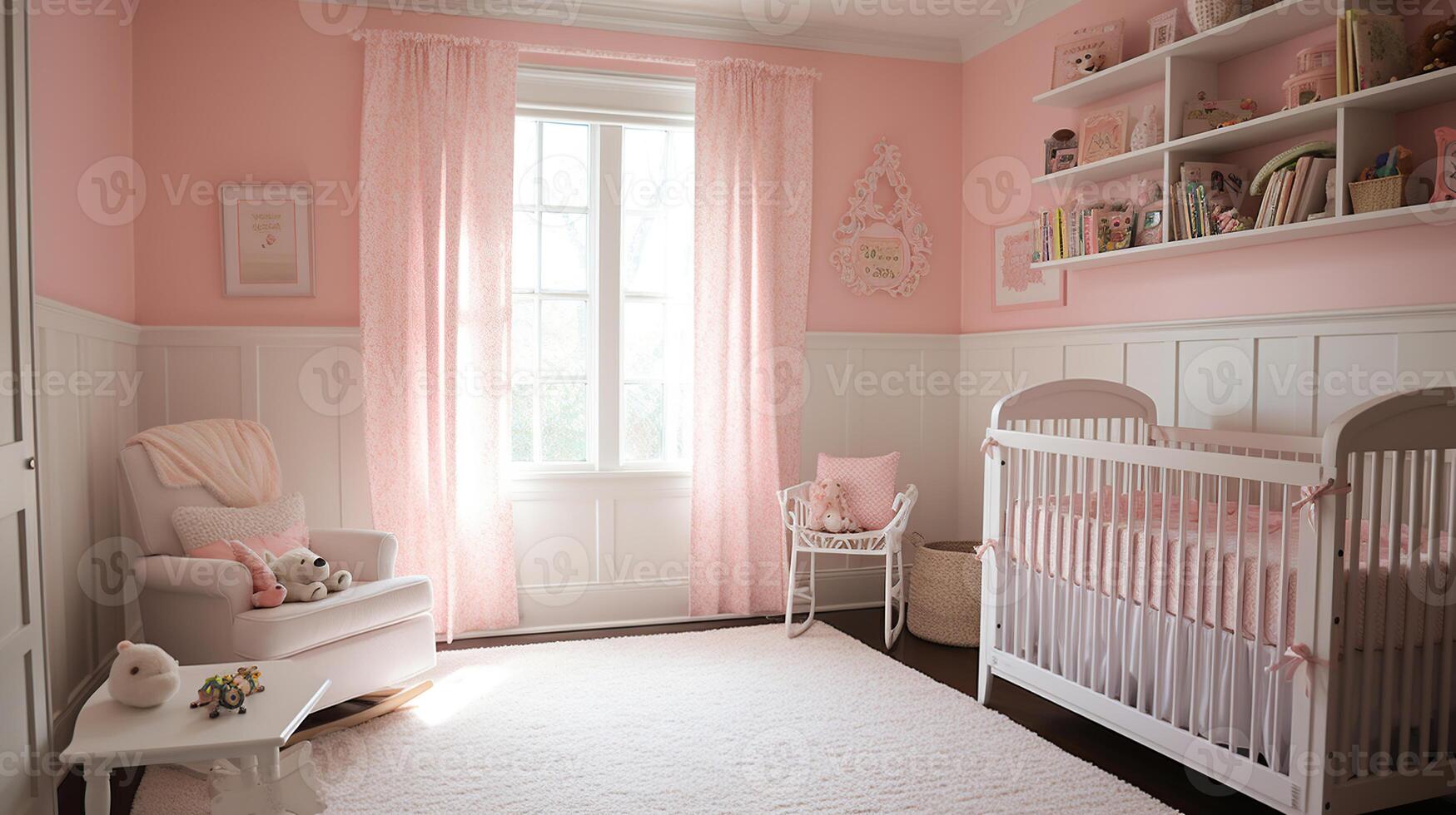 acogedor guardería con ligero rosado paredes y blanco revestimiento de madera, generativo ai foto