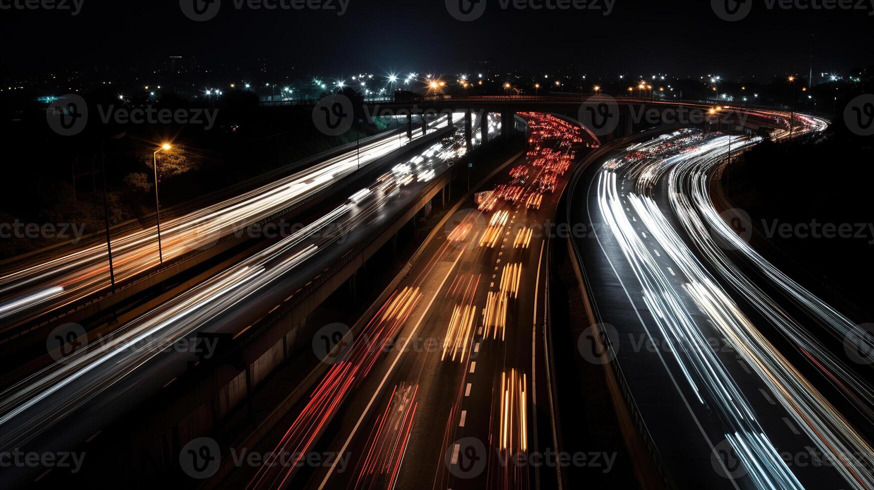 tráfico en un autopista terminado pasar o trasvolar con movimiento borroso cabeza luces, generativo ai foto