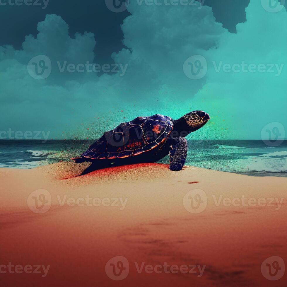 A sea turtle crawling on the sandy beach with a mountain in the background. . photo