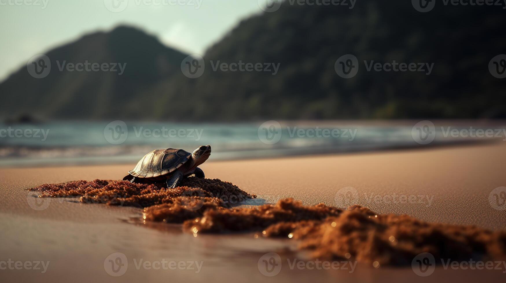 un mar Tortuga gateando en el arenoso playa con un montaña en el antecedentes. ai generado. foto