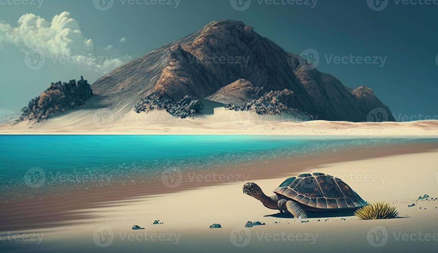 un mar Tortuga gateando en el arenoso playa con un montaña en el antecedentes. ai generado. foto