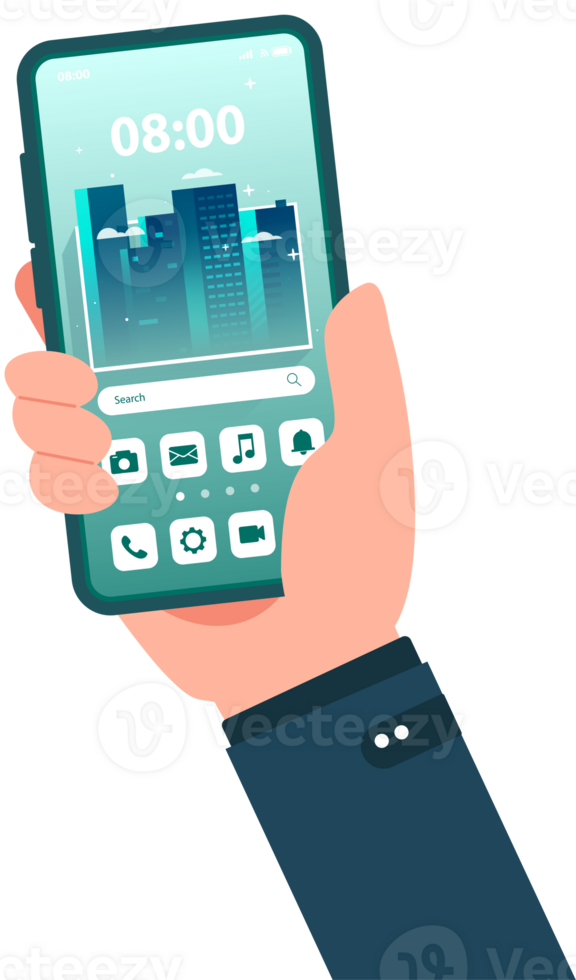 Hand holding mobile phone with home screen.Touchscreen with search bar.City illustration png