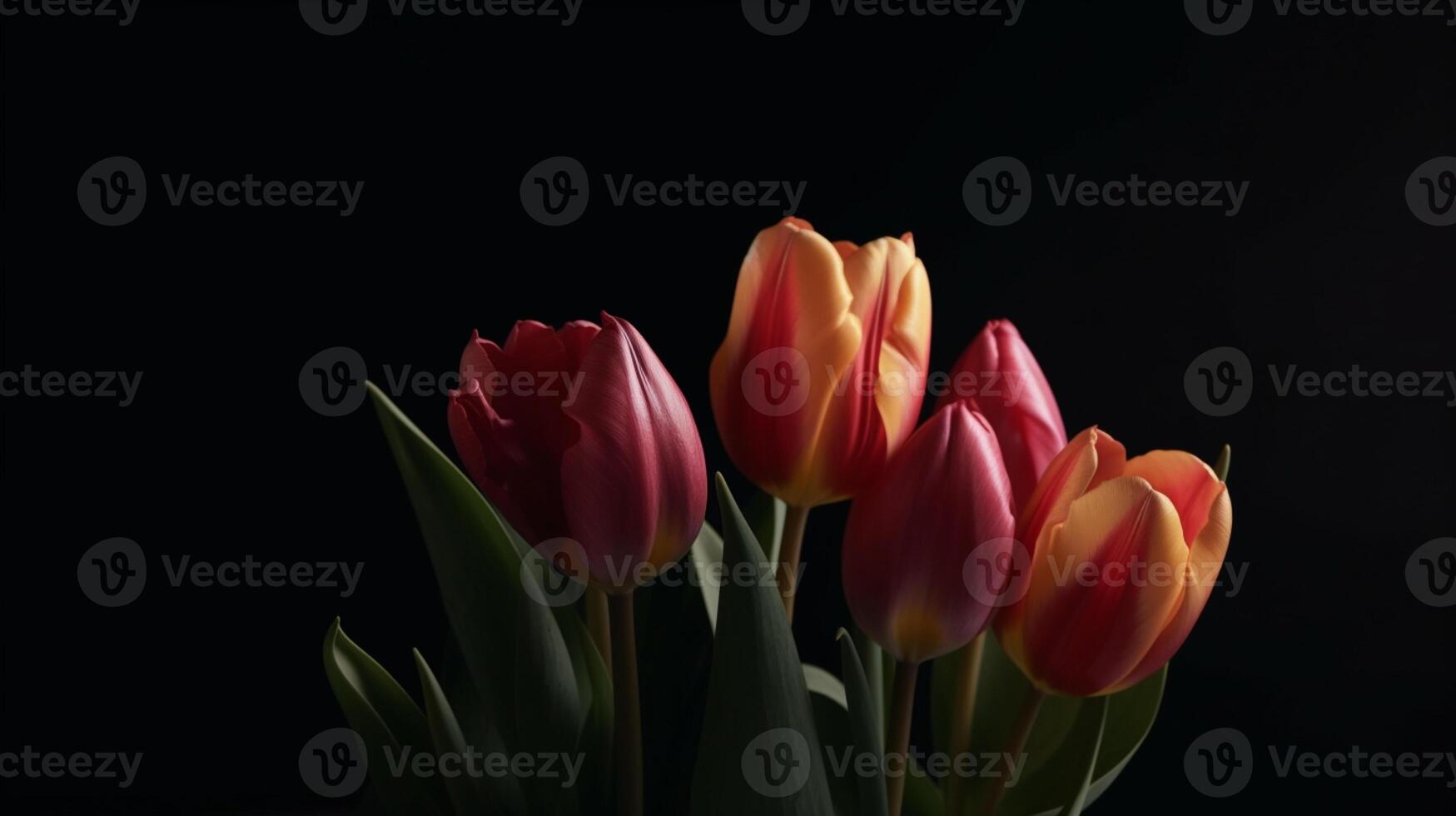 Wonderful bouquet of tulips for mother's day. Flowers on black background. Mother's day celebration. . photo