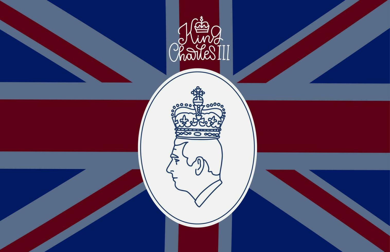 nuevo Rey de Inglaterra Charles iii en corona perfil lineal silueta en genial Bretaña bandera. bandera modelo para coronación de Príncipe Charles. nuevo monarca de unido Reino. vector