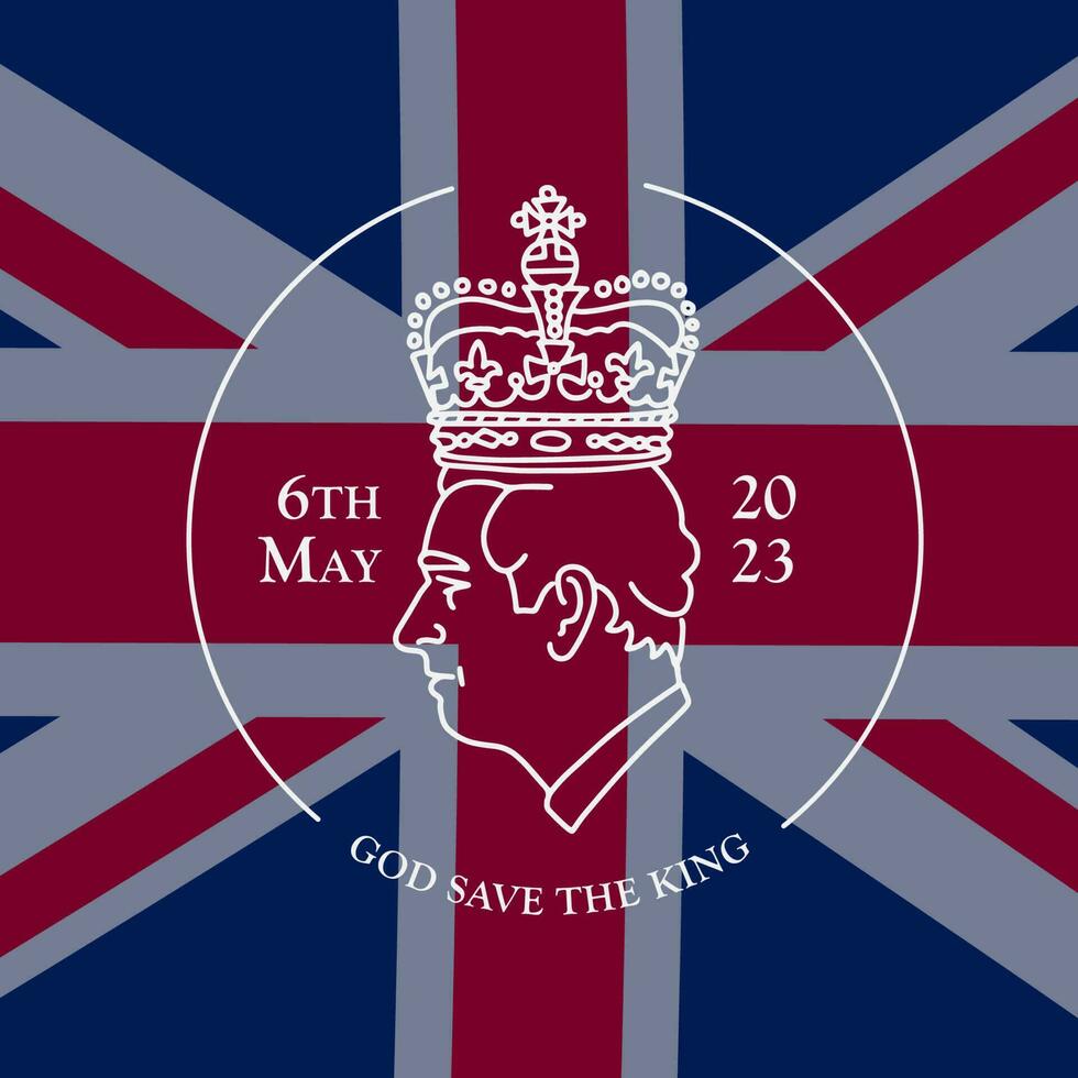 Profile portrait of prince Charles, King of England. King's Charles III Coronation at 6th May 2023 Square banner with linear King's linear portrait on the background of the British flag. Vector banner