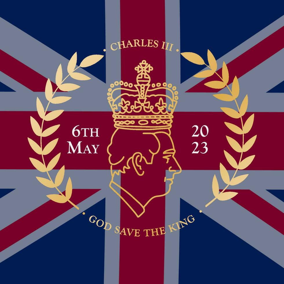 God save the king - Round golden emblem on UK flag bachground. Elegant minimalistic Poster for coronation of King's Charles III Coronation at 6th May 2023. New British monarch. Vector illustration.