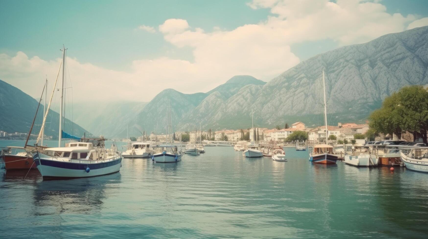 Harbor and boats at sunny day. Illustration photo