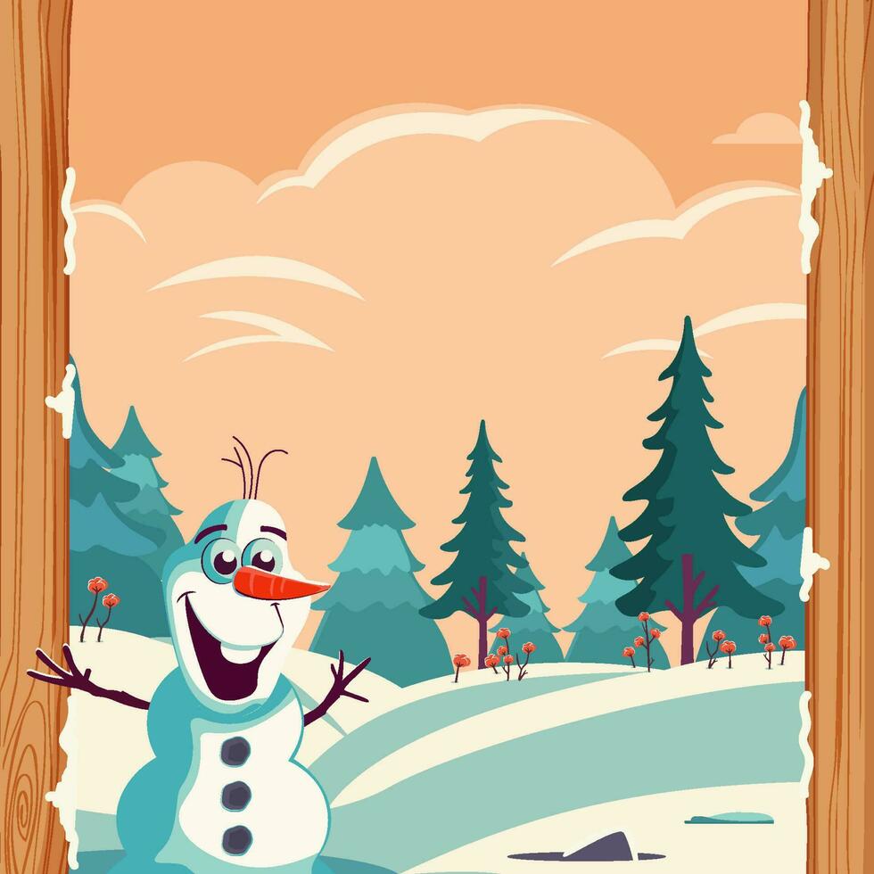 Happy Snowman On Snowy Forest Background vector