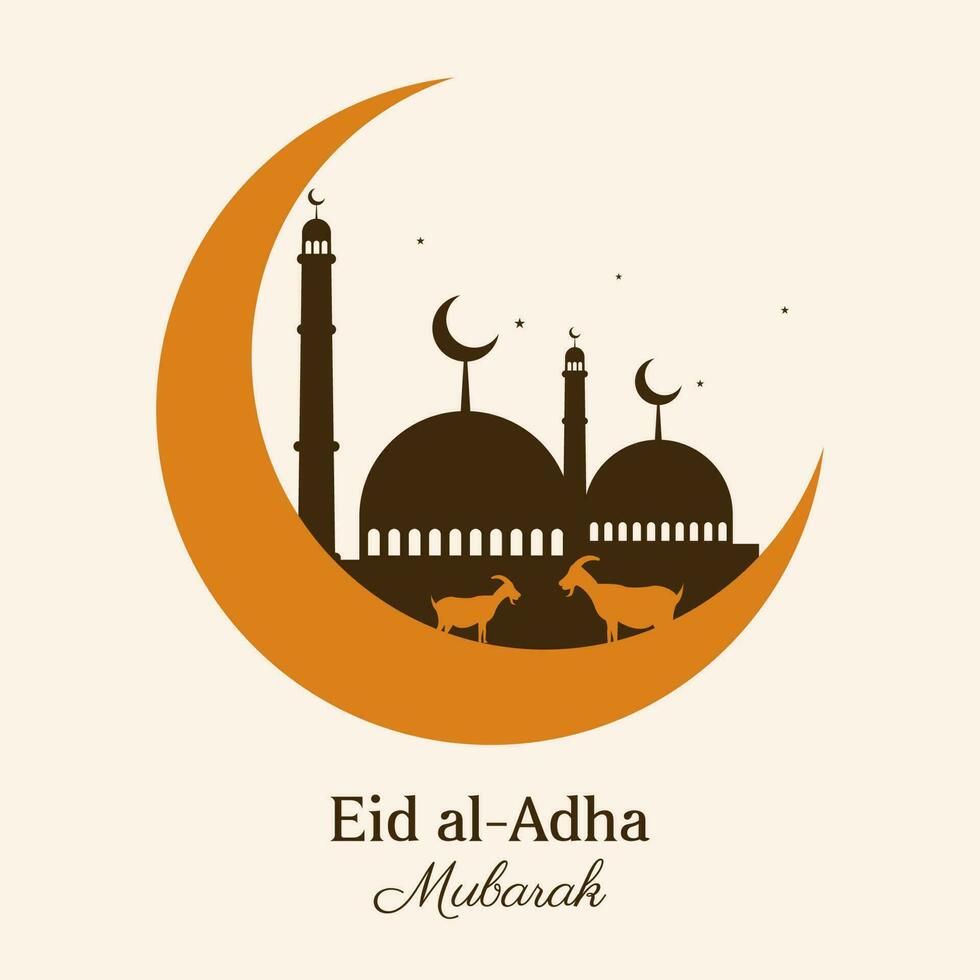 eid al adha mubarak greeting card with crescent and sheep . islamic vector illustration