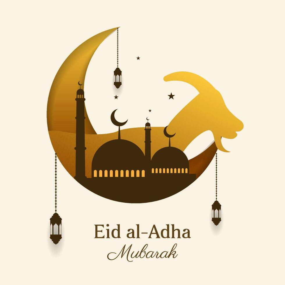 eid al adha mubarak greeting card with crescent and sheep . islamic vector illustration