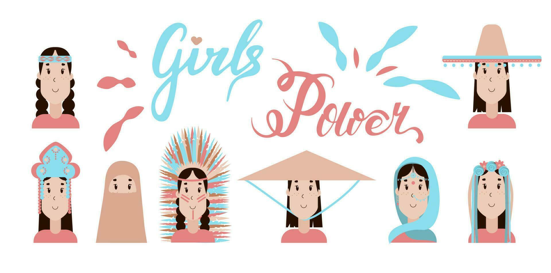 Set of girls in national accessories and hats. Girls power from diffirent countries and nations. Multicultural Characters Of The World. Indian,vietnam, ukranian, arabian, mexican vector