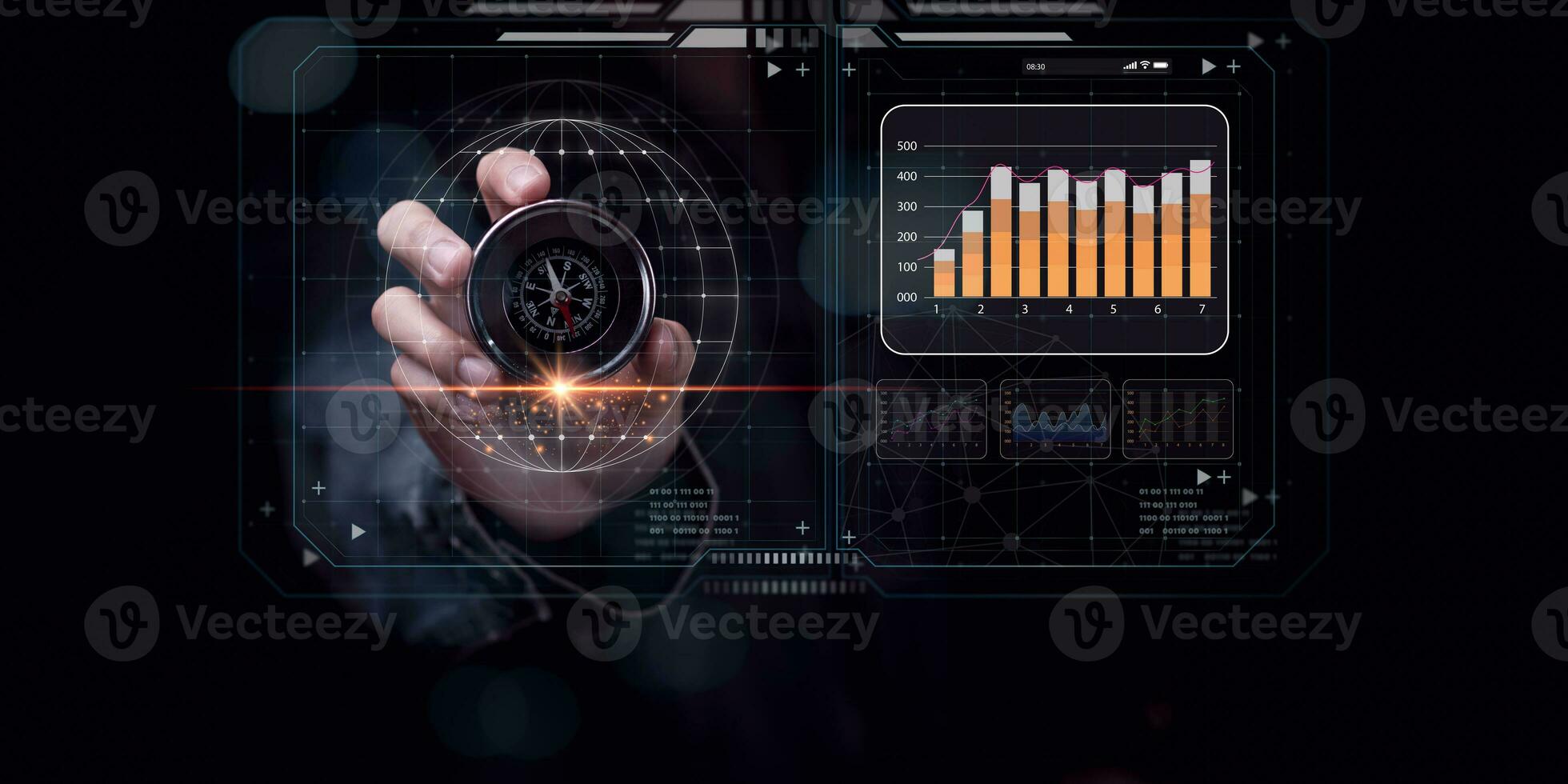 businessman holding a compass Show report concepts, graphs and charts, business statistics,Analysis and improvement of corporate strategy ,Statistics and Data Concepts ,business growth graph photo