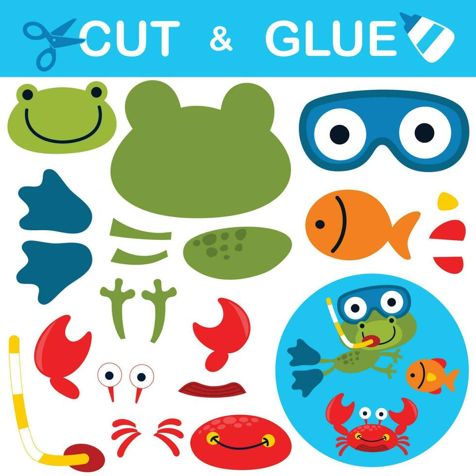 Cute frog diving with fish and crab. Education paper game for children. Cutout and gluing. Vector cartoon illustration