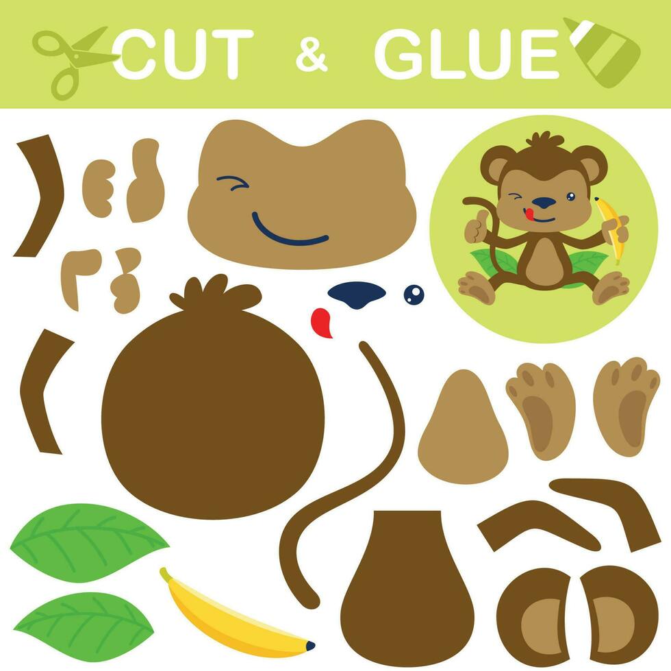 Cute monkey sitting on leaf holding banana. Education paper game for children. Cutout and gluing. Vector cartoon illustration