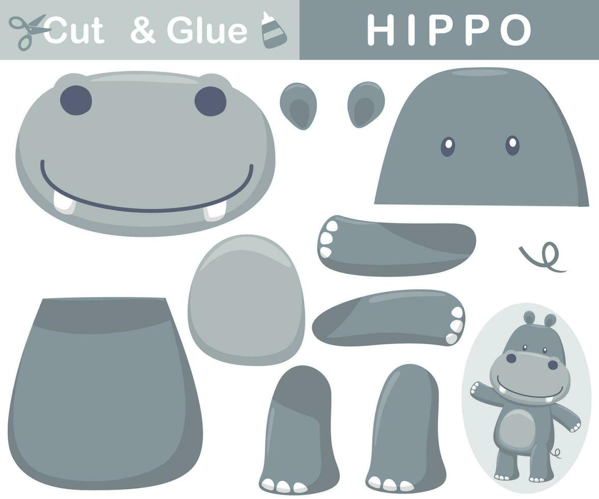 Cute hippo standing. Education paper game for children. Cutout and gluing. Vector cartoon illustration