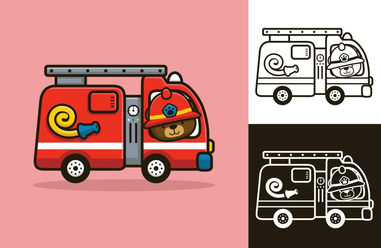 Cute bear wearing firefighter helmet driving firetruck. Vector icon illustration