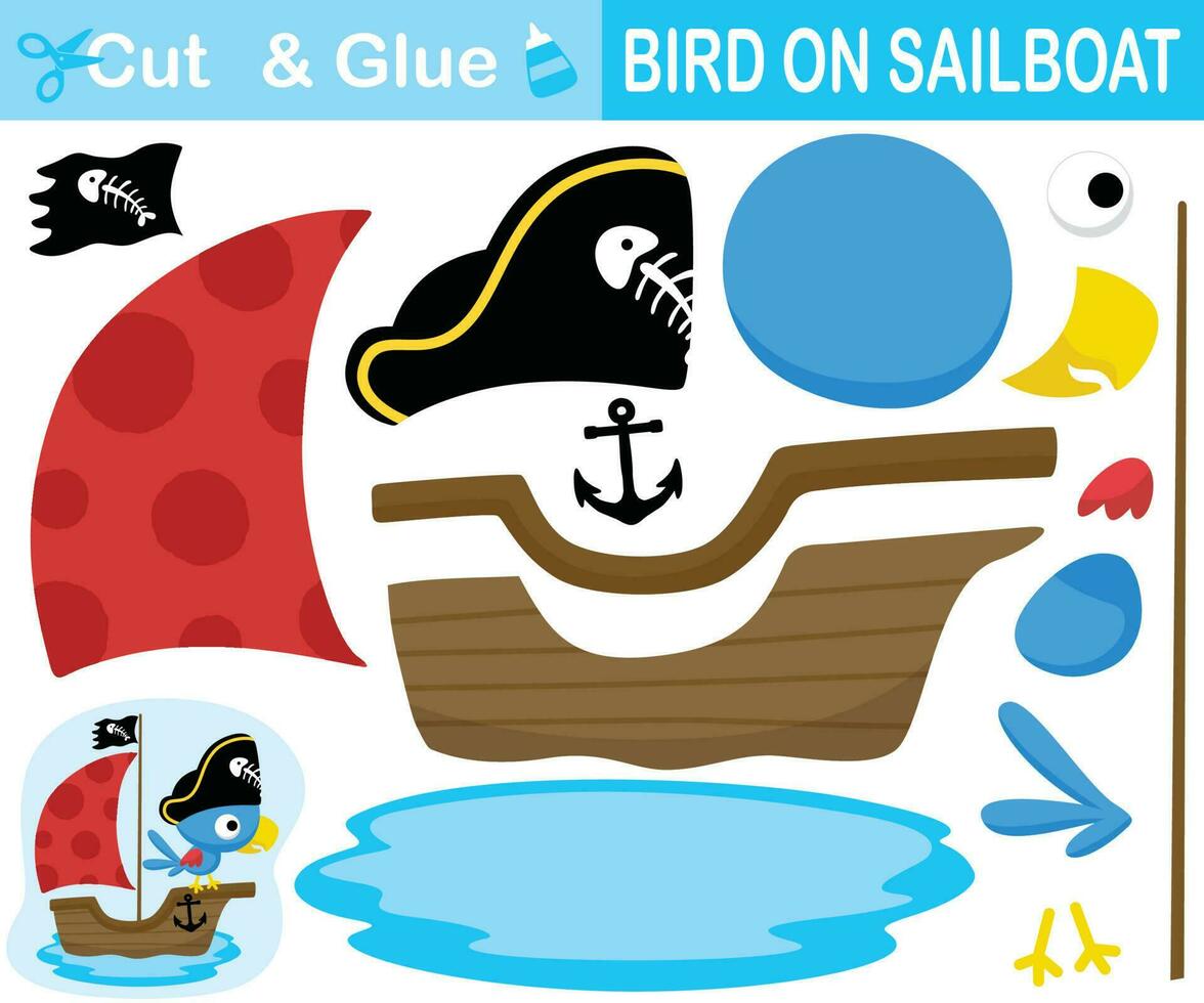 Cute bird pirate on sailboat. Education paper game for children. Cutout and gluing. Vector cartoon illustration