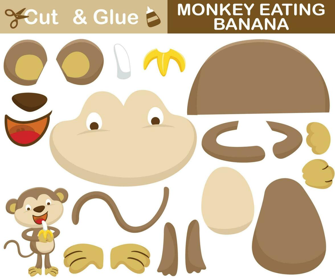 Funny monkey eating banana. Education paper game for children. Cutout and gluing. Vector cartoon illustration