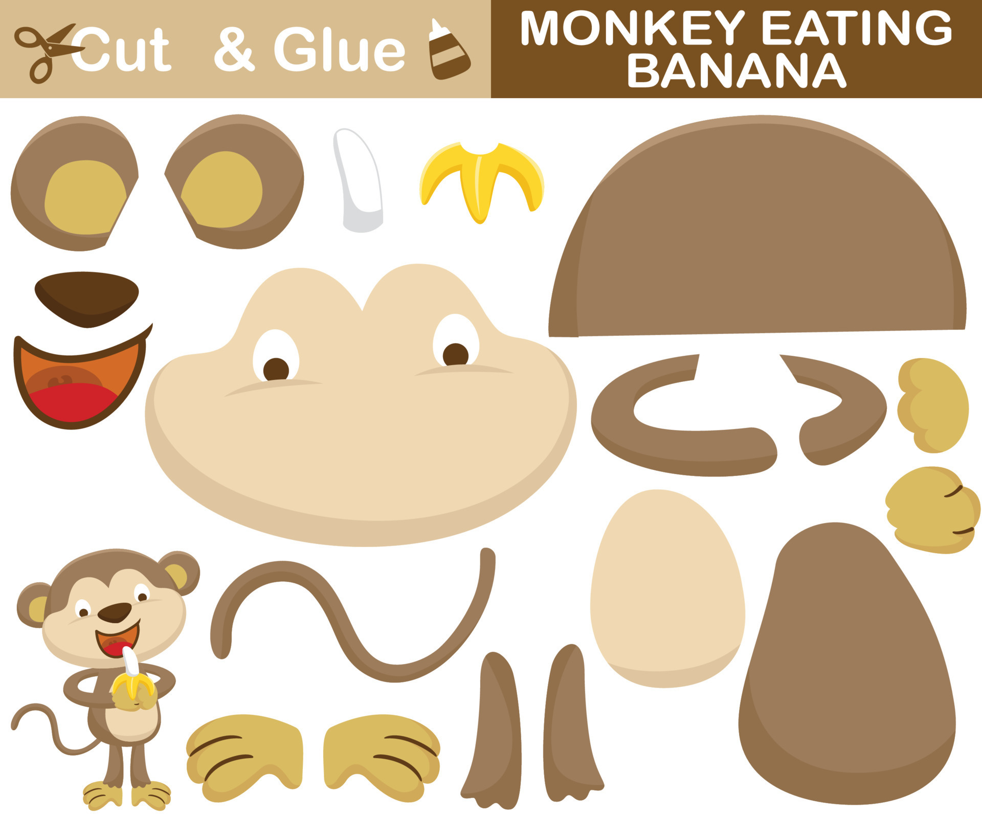 Funny monkey eating banana. Education paper game for children. Cutout