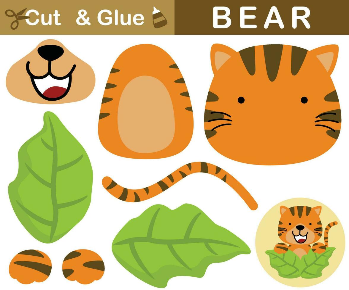 Cute tiger appearing from leaves. Education paper game for children. Cutout and gluing. Vector cartoon illustration