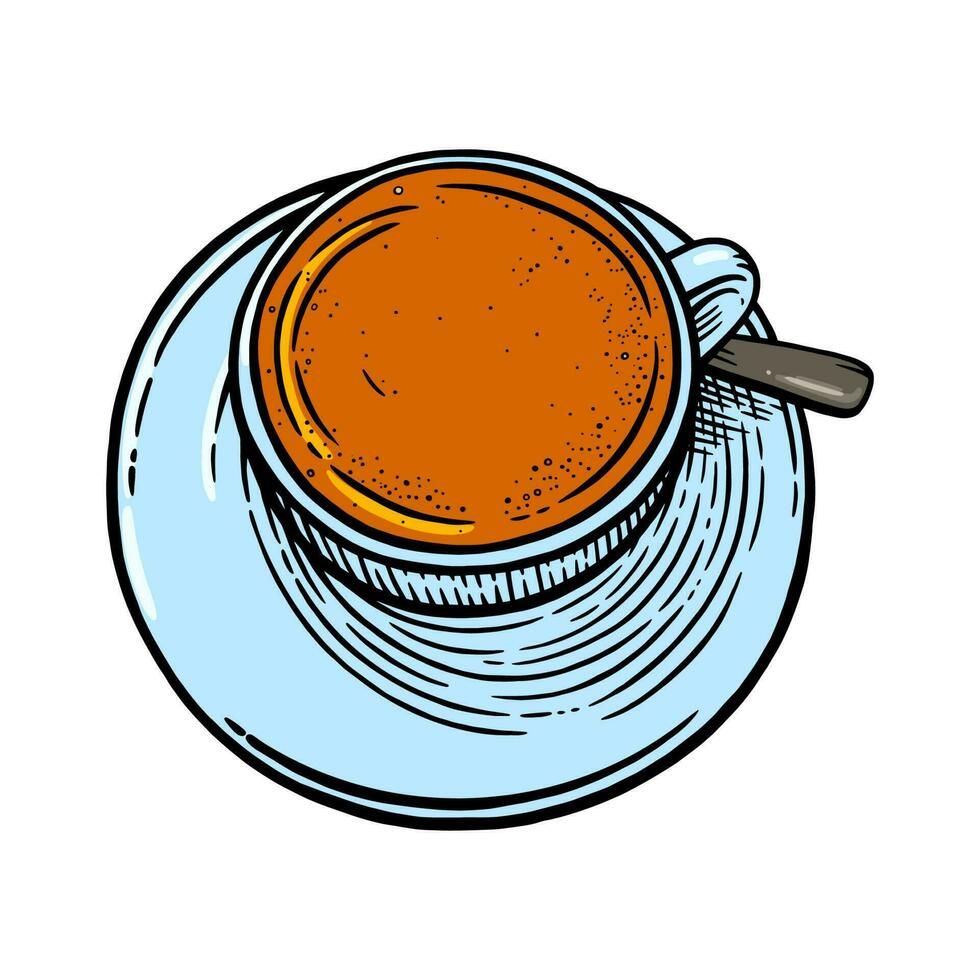 Tea cup with spoon and sauser. Sketch of tea mug. Vector illustration