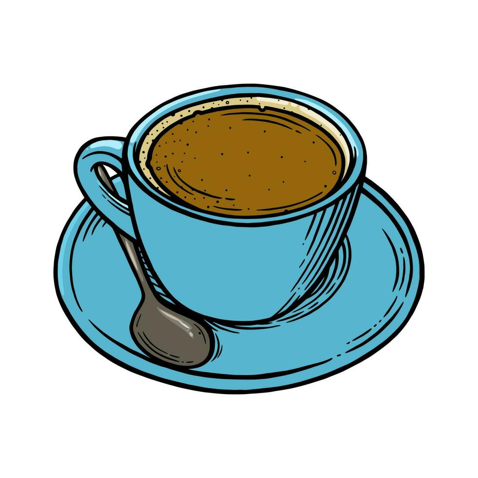 Coffee cup with americano. Cup, spoon and saucer set for hot coffee. Vector ilustration