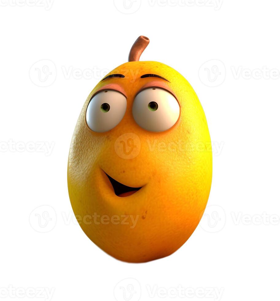 generativo ai contenido, dibujos animados Fruta personaje sorprendido mango, con cara y ojos aislado en blanco antecedentes. Fruta serie. foto