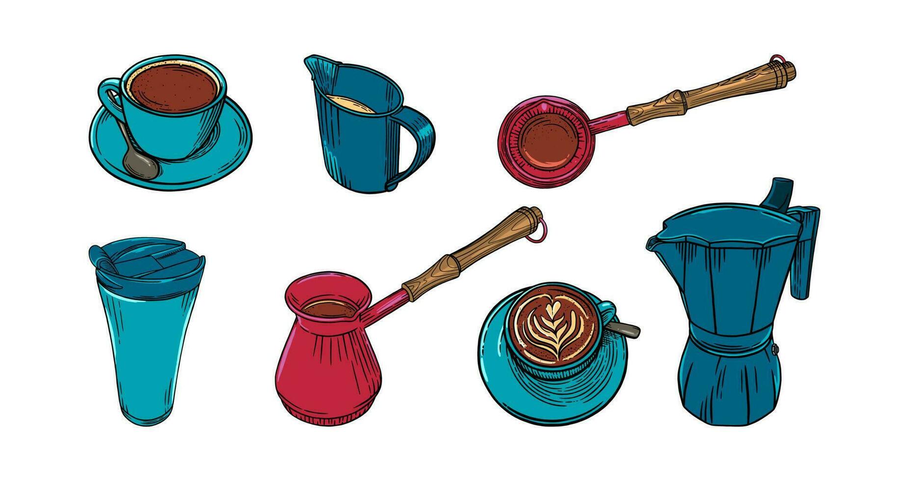 Coffee set wuth cups, pots and creamer. Big colored set of coffee accessoiries for cappuccino brewing. Vector illustration