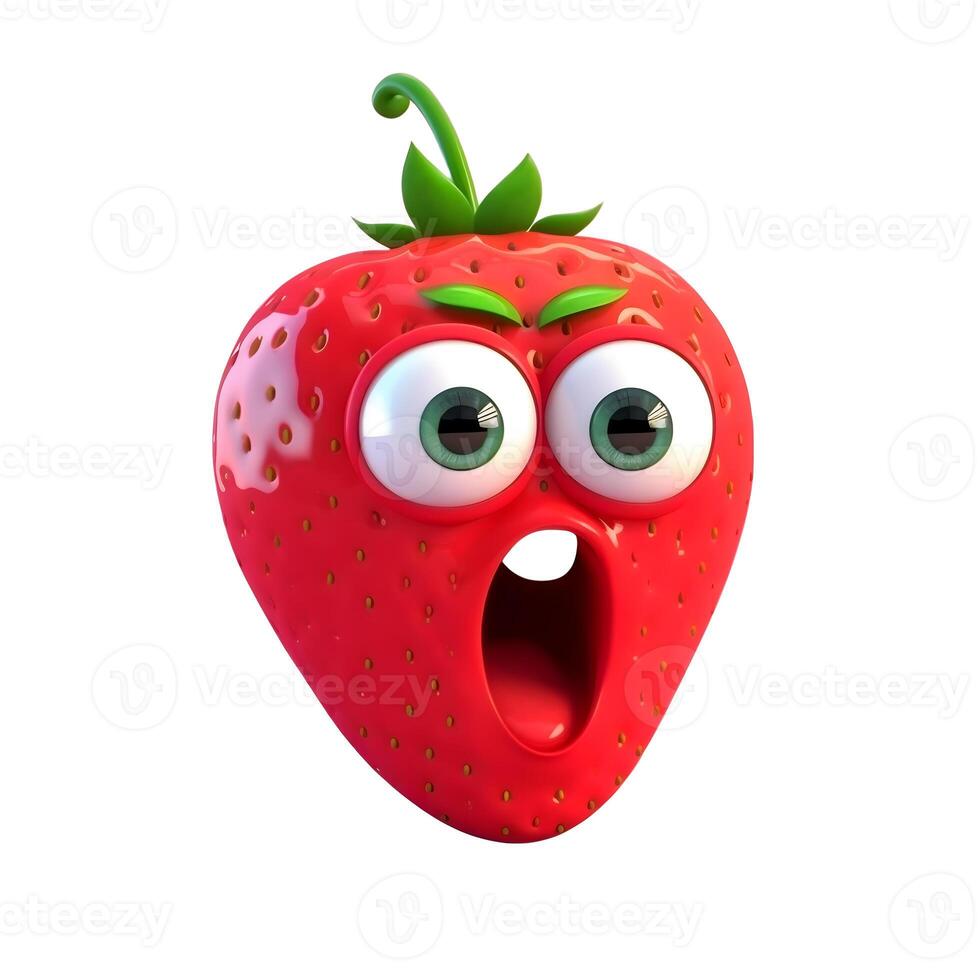 content, Cartoon fruit character,surprised strawberry, with face and eyes isolated on white background. Fruit series. photo