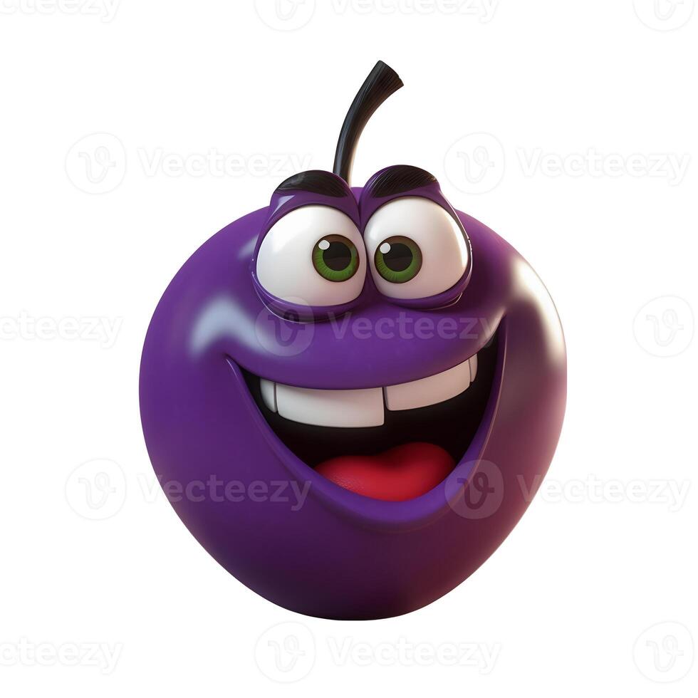 content, Cartoon fruit character,happy plum, with face and eyes isolated on white background. Fruit series. photo