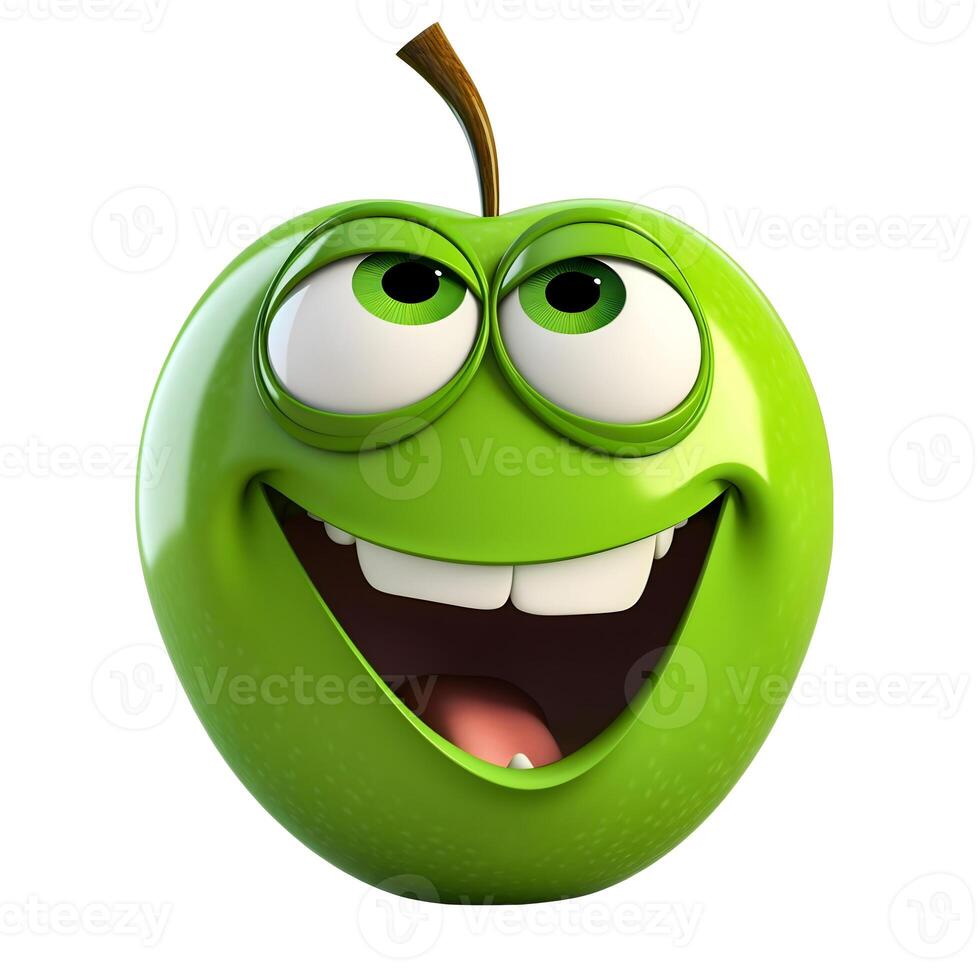 content, Cartoon fruit character,lucky apple, with face and eyes isolated on white background. Fruit series. photo