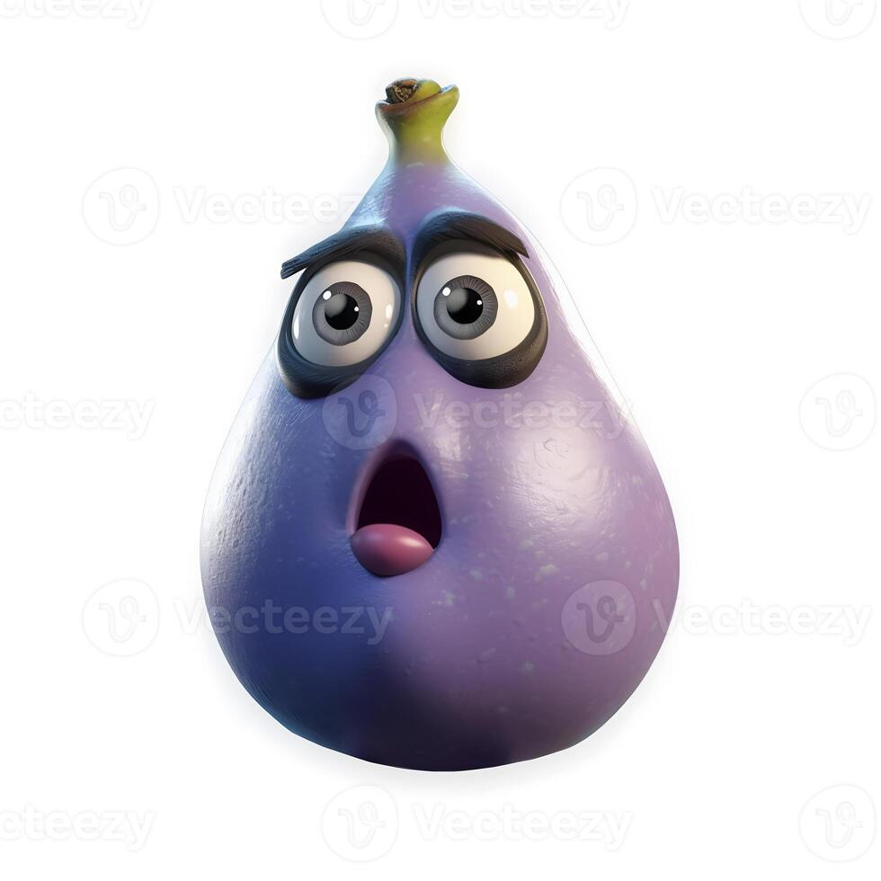 content, Cartoon fruit character,surprised fig, with face and eyes isolated on white background. Fruit series. photo