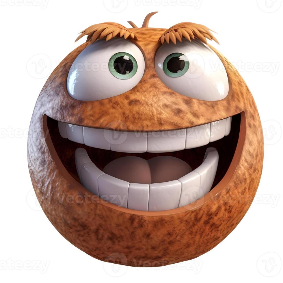 content, Cartoon fruit character,laughing coconut, with face and eyes isolated on white background. Fruit series. photo