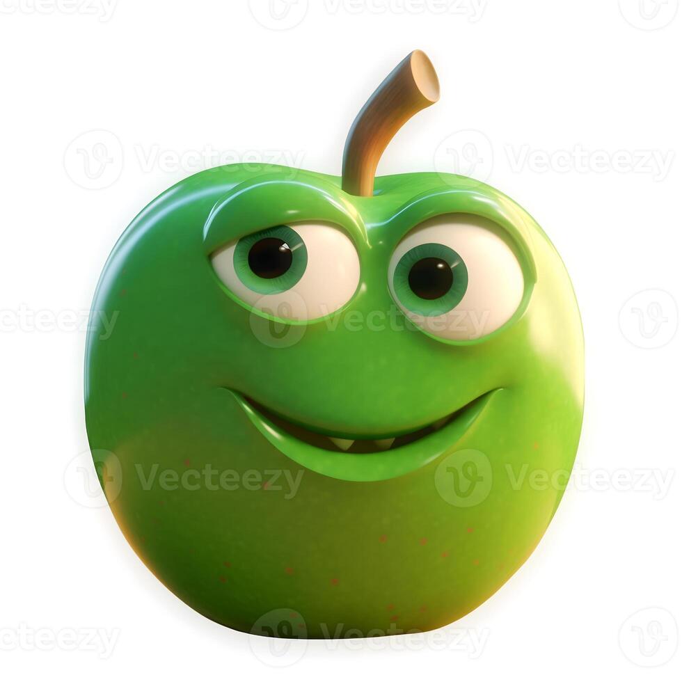 content,Cartoon fruit character,lucky apple, with face and eyes isolated on white background. Fruit series. photo