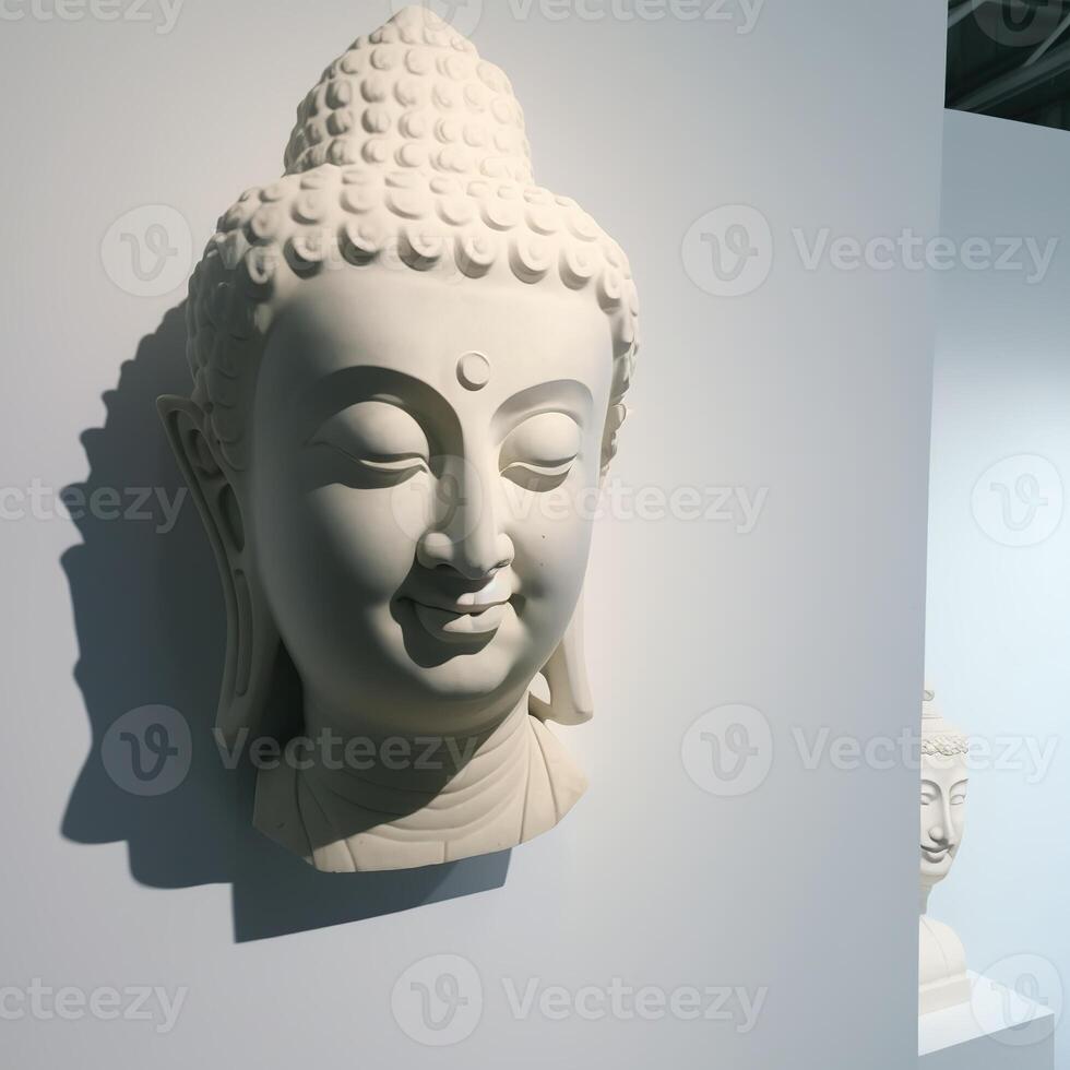 A white wall sculpture of a face with Gautama buddha head as mural for home decor etc. . photo