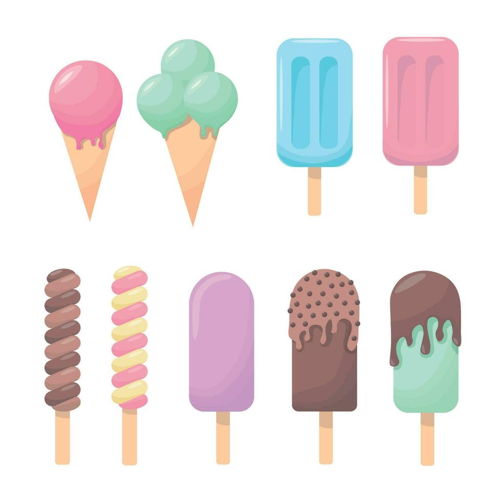 Ice cream collection of summer delicious in flat style. 9 tasty colorful sundaes. Vector illustration on a white background.