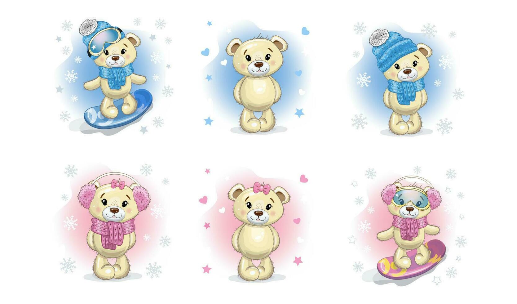 Cute Teddy bears winter  set.  Cartoon style illustration. Teddy bear on snowboards, in scarfs, hats and warm headphones  isolated on white background. vector