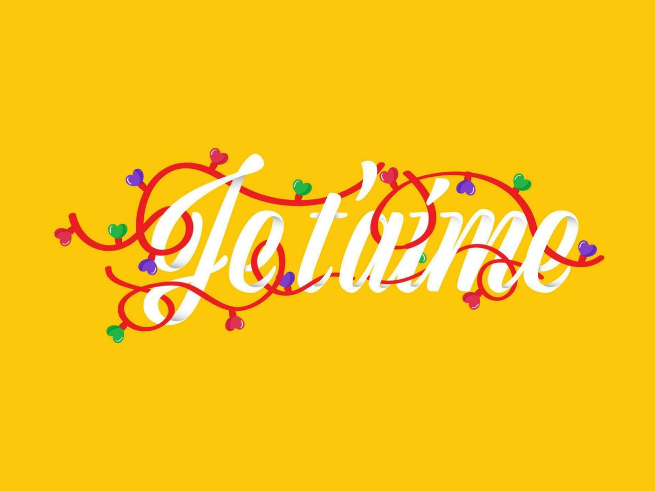 Je t'aime I Love You Written In French Language With Heart Lighting Garland On Yellow Background. vector