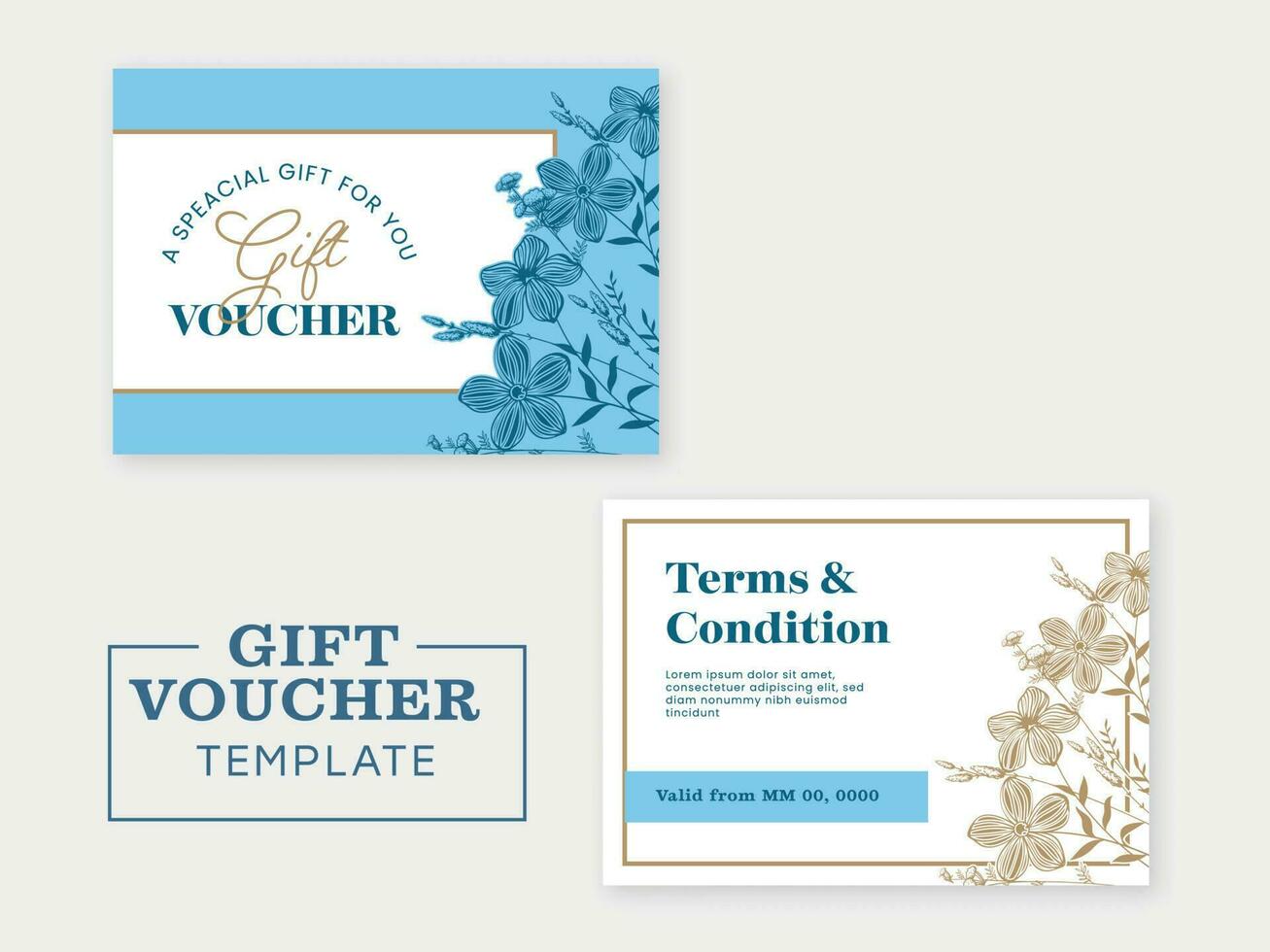 Gift Voucher Template Design With Double-Side In Blue And White Color. vector