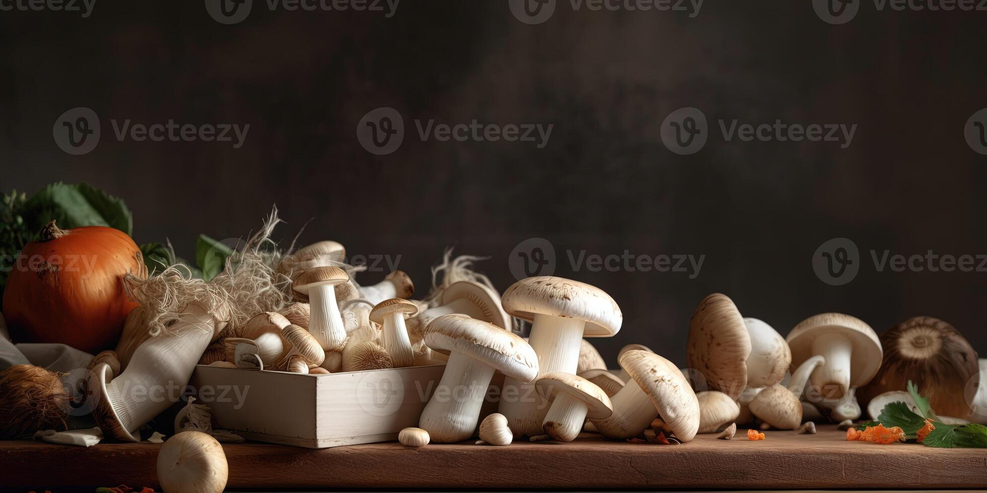 Mushroom Veggie Frame. Fresh organic vegetables and mushrooms on dark background. Perfect for wholesome food themes. photo