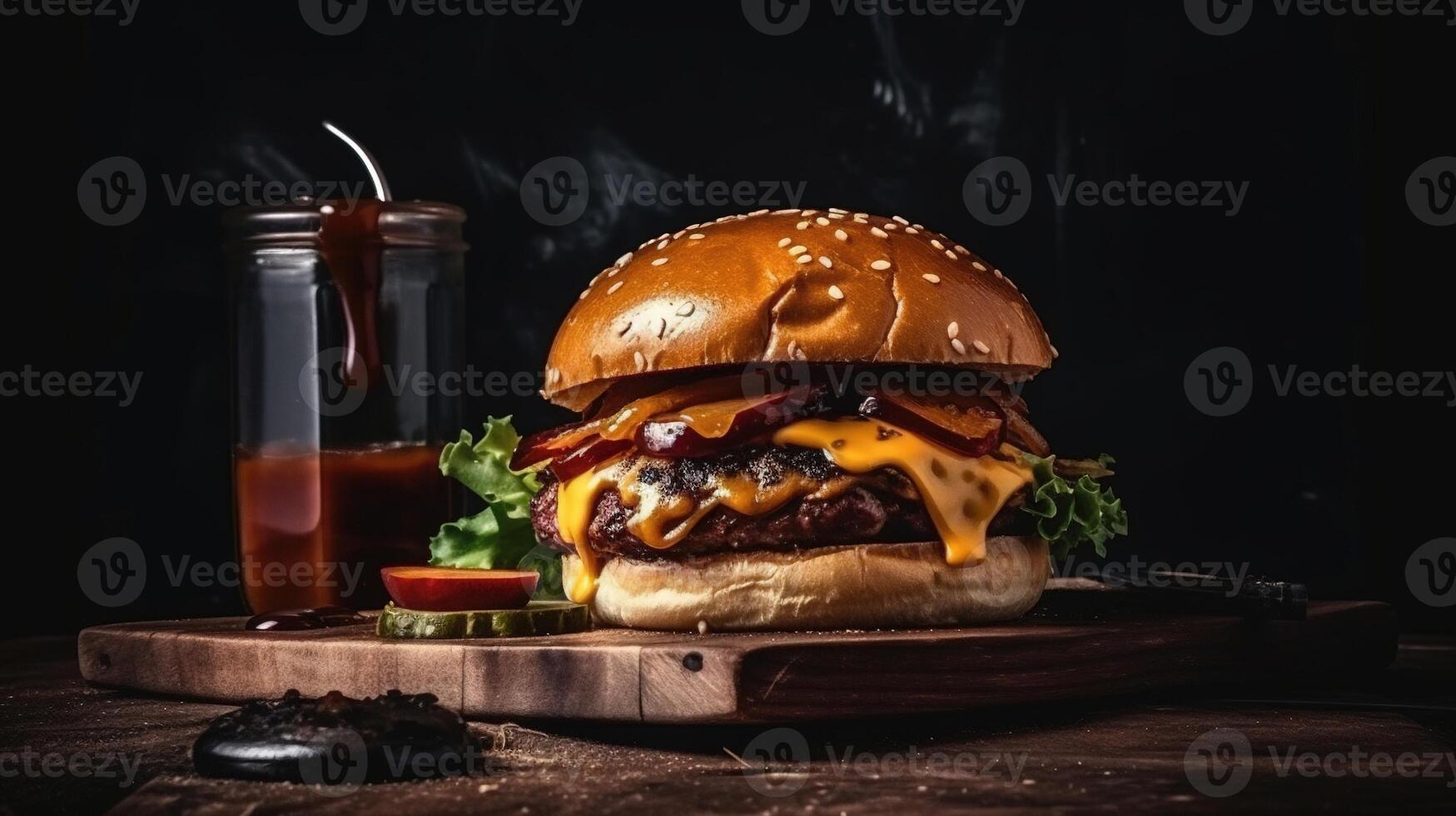 Delicious Burger Delight. Juicy patty, melted cheese, and crisp veggies on a dark backdrop. Perfectly satisfying. photo