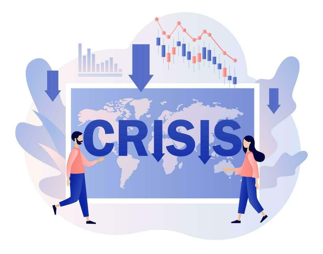 Global financial crisis concept. Tiny businessmen faces Coronavirus pandemic or COVID-19 impact on global economy and stock markets. Economic downturn. Modern flat cartoon style. Vector illustration