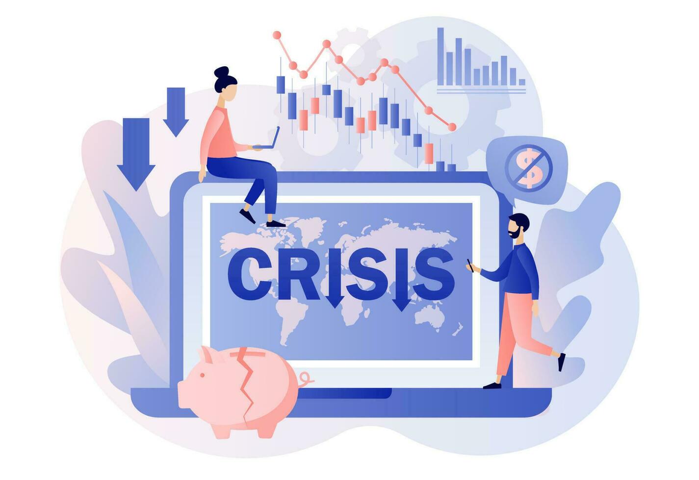 Economic downturn. Global financial crisis concept. Tiny businessmen faces Coronavirus pandemic or COVID-19 impact on global economy and stock markets. Modern flat cartoon style. Vector illustration