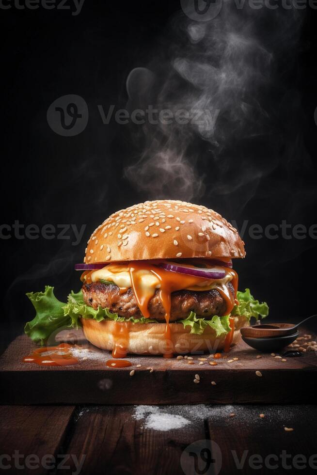 Delicious Burger Delight. Juicy patty, melted cheese, and crisp veggies on a dark backdrop. Perfectly satisfying. photo