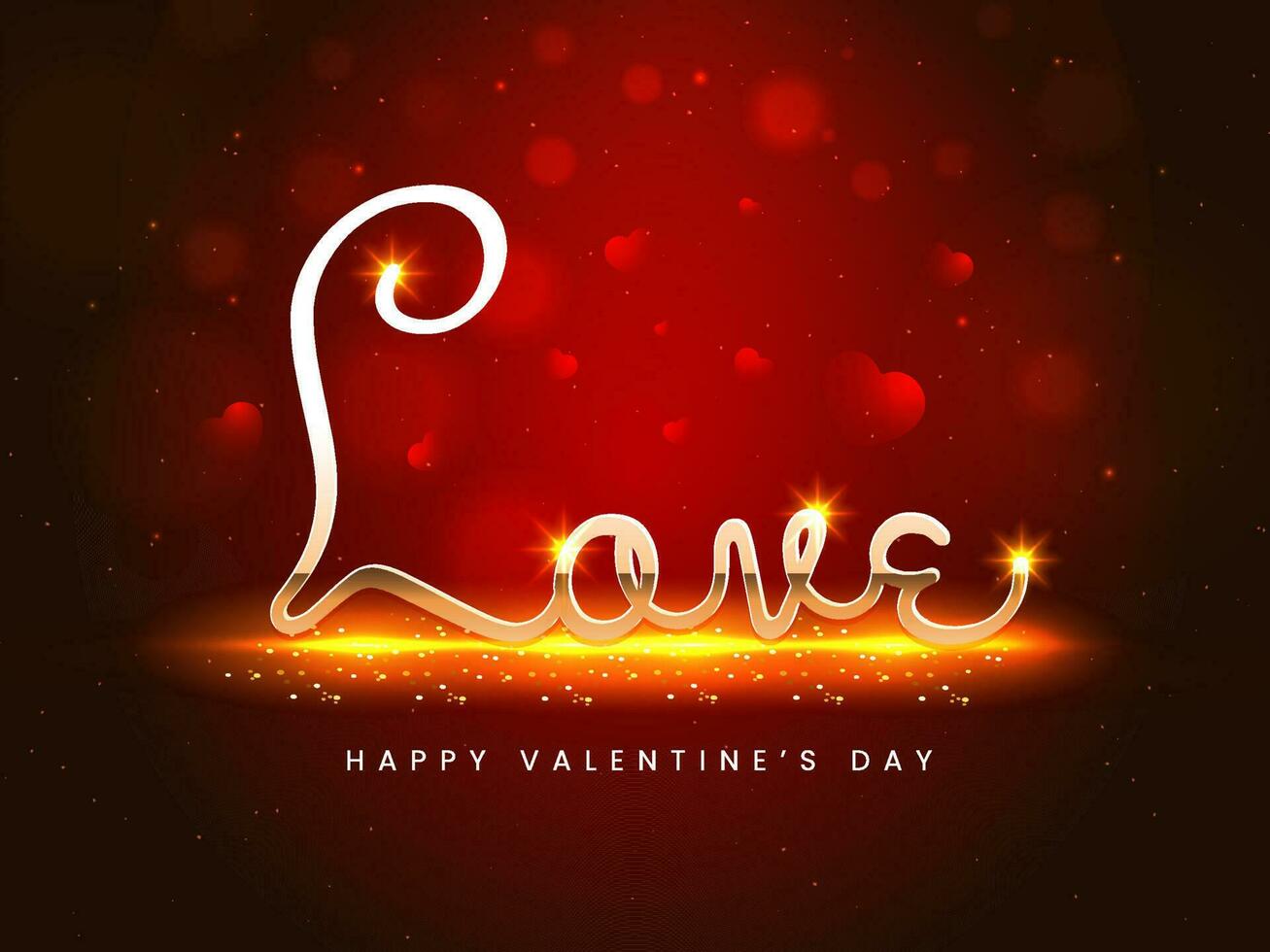 Golden Love Font With Light Effect And Hearts On Red Bokeh Background For Happy Valentine's Day Concept. vector