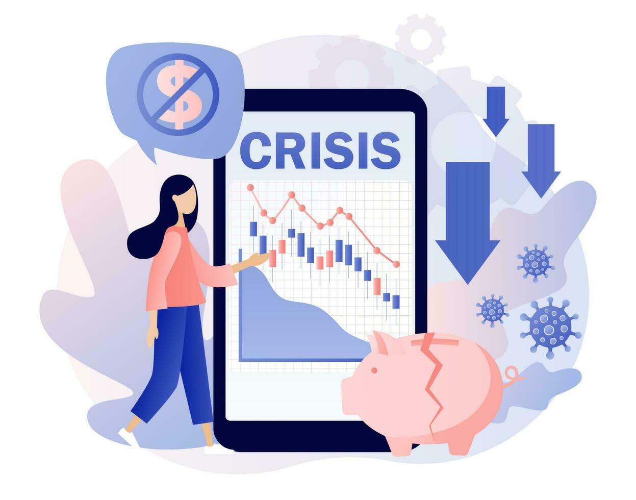 Financial crisis concept. Tiny woman faces Coronavirus pandemic or COVID-19 impact on global economy and stock markets. Economic downturn. Modern flat cartoon style. Vector illustration