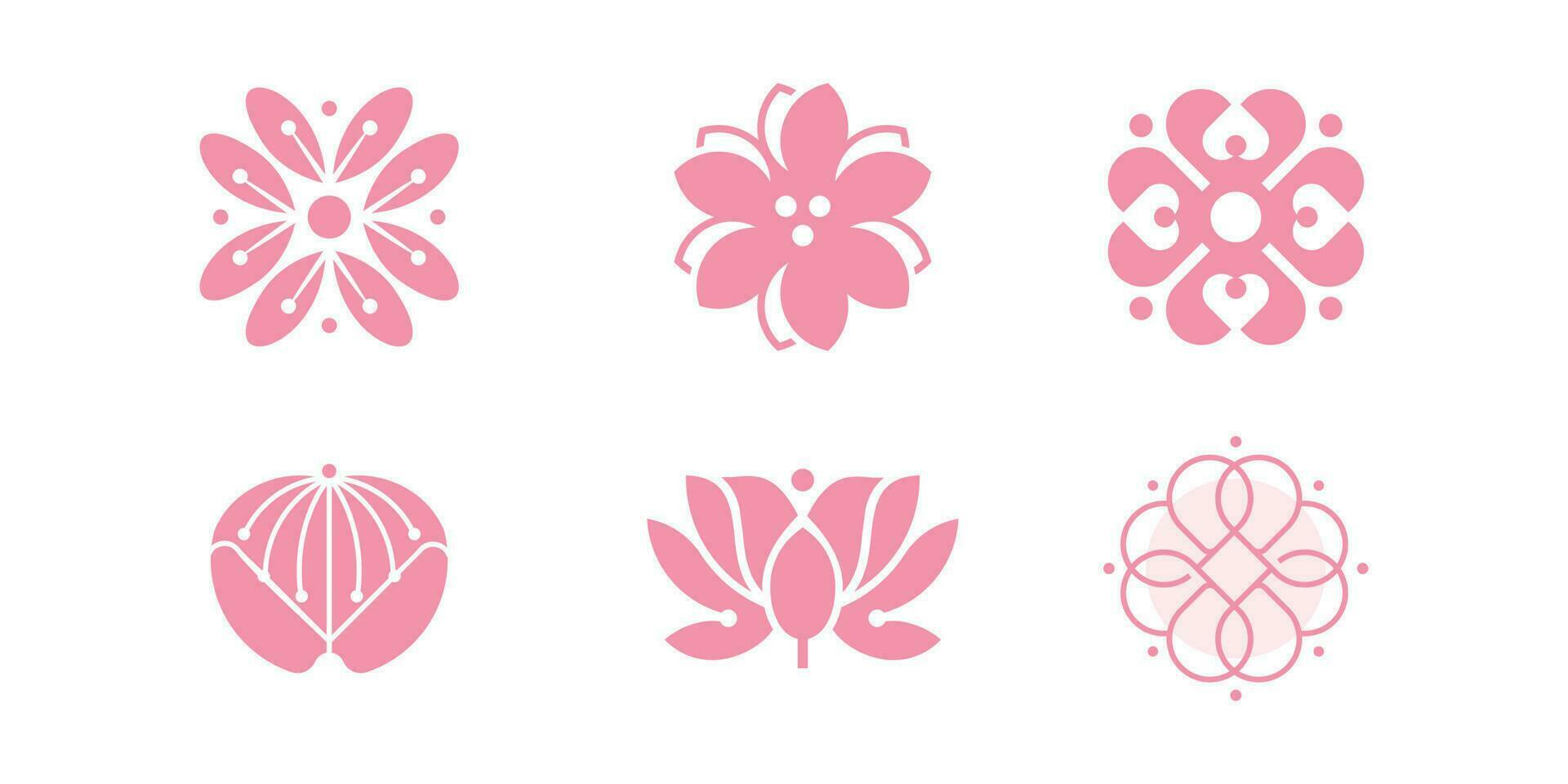 Flower icon set.Japanese style logo design template. Cherry blossom Pink flowers on white background vector