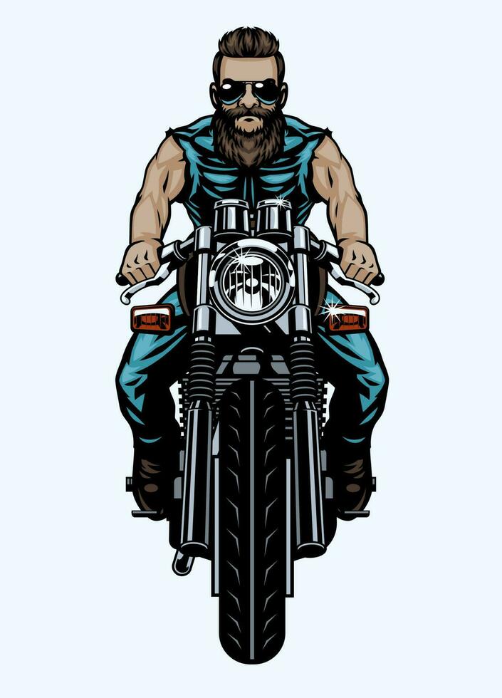 Bearded Man Biker Riding Cafe Racer Motorcycle Front View Angle vector