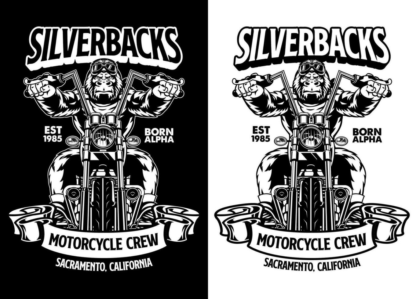 negro y blanco camiseta diseño de gorila motocicleta jinete vector