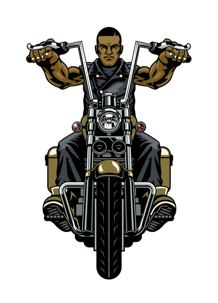 Black Man Riding Vintage Motorcycle in front view vector